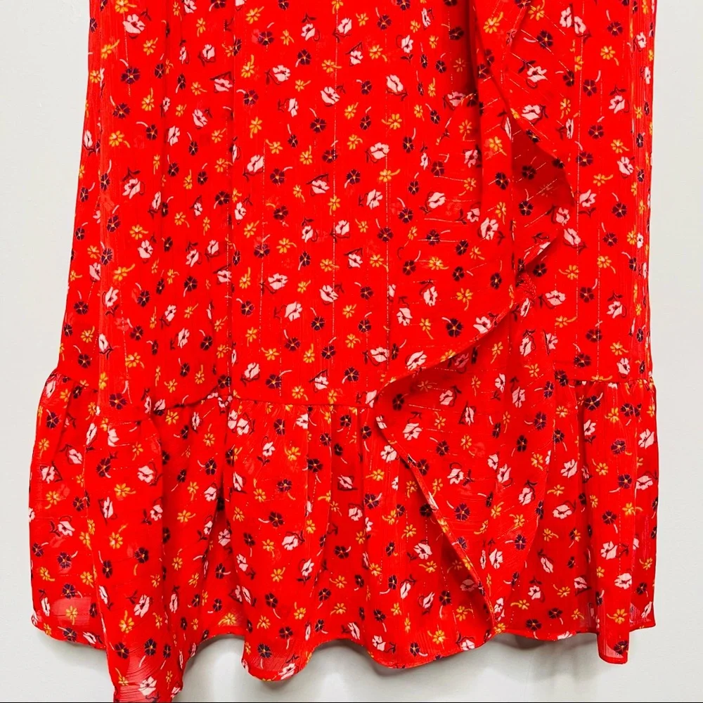 MADEWELL Ruffle-Strap Wrap Dress in Metallic-Striped Prairie Posies red - Picture 12 of 13